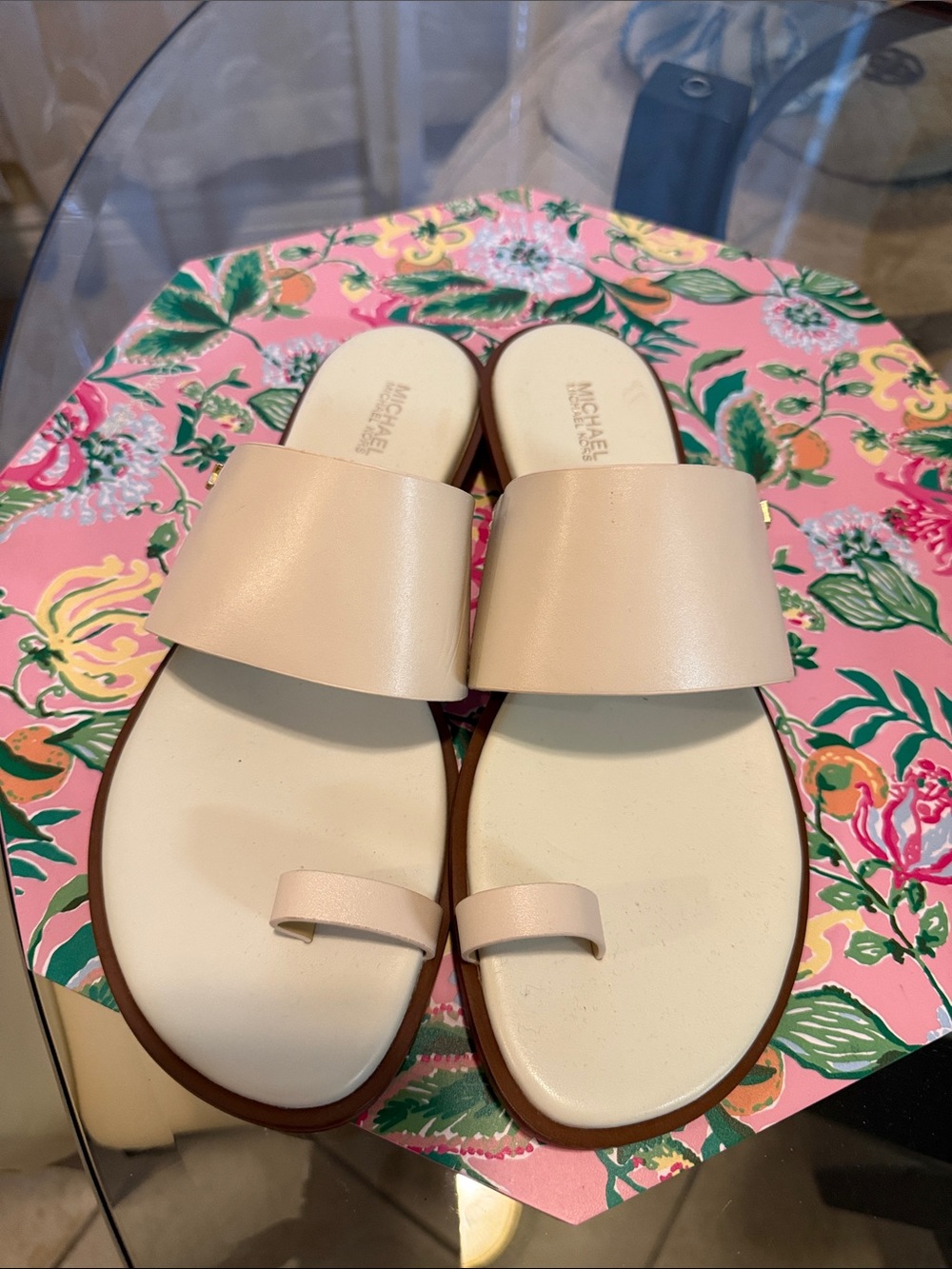 MICHAEL Michael Kors Blush Leather Slide Sandals with Gold Logo